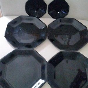 Arcoroc French Vintage Black glass Octagonal Dinner Plates and saucers